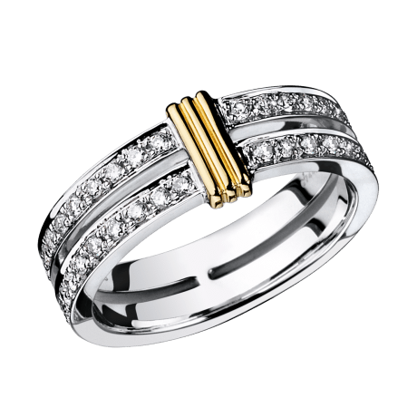 Subtile Eternité wedding band, white gold with link in yellow gold, diamonds
