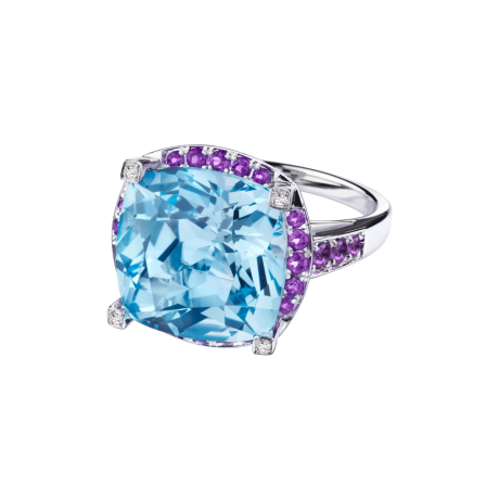 Couleur d'Amour ring, white gold, blue topaz, diamonds and paved amethysts