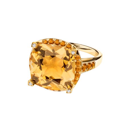 Couleur d'Amour ring, yellow gold, citrine, diamonds and paved orange sapphires
