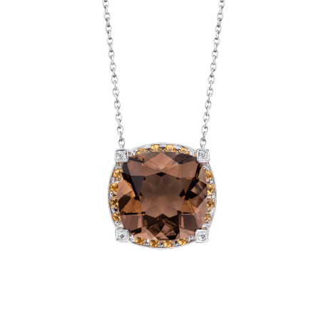 Couleur d'Amour pendant, white gold, smoky quartz, diamonds and orange sapphires