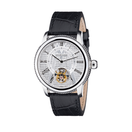 Tourbillon watch, steel, mecanic movement, clous de Paris bezel, silver tint dial, leather bracelet