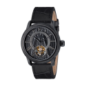 Tourbillon watch, steel and black matt PVD, mecanic movement, clous de Paris bezel, black dial, leather bracelet