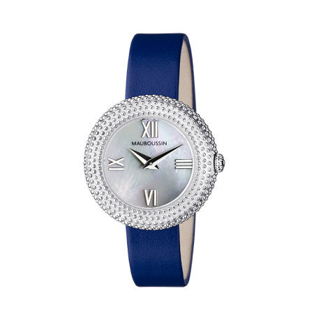l'Heure du Premier Jour watch, steel, white mother of pearl dial, rigid bracelet clad with blue leather