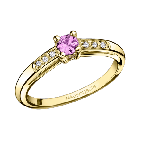 Bonjour les Amoureux ring, yellow gold, pink sapphire and paved diamonds