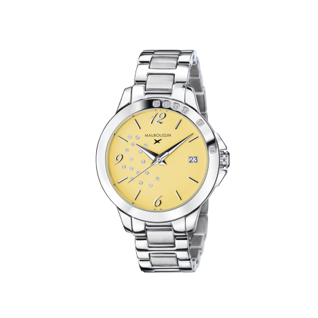 So Urgent ladies' watch, steel, yellow dial and diamonds