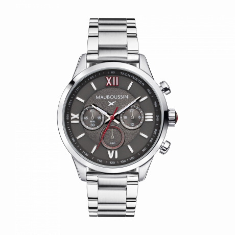 Un Homme une vie chronograph, grey dial, steel bracelet