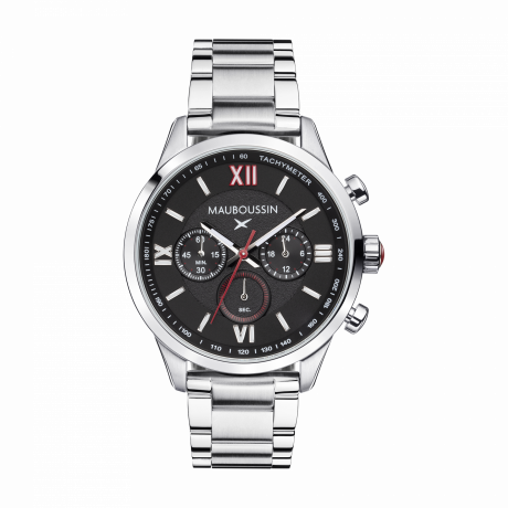 Un Homme une vie chronograph, black dial, steel bracelet