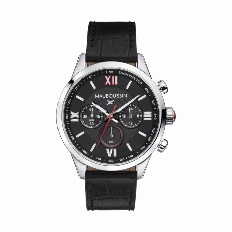 Un Homme une vie chronograph, black dial, calf strap