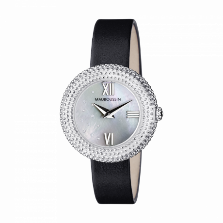 L'heure du Premier Jour Rayonnant, mother of pearl dial, black leather strap