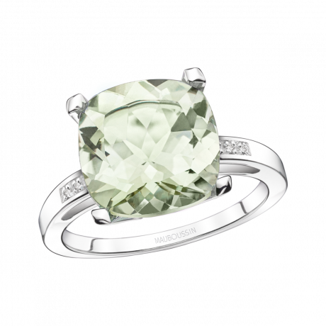 Petit Visage d'Amour ring, white gold, green amethyst and diamonds