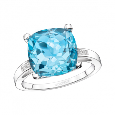 Petit Visage d'Amour ring, white gold, blue topaz and diamonds