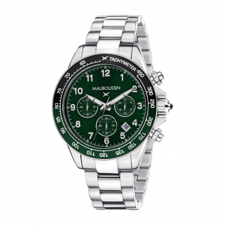Rage de vivre chronograph, green dial, steel bracelet, black/green tachymeter