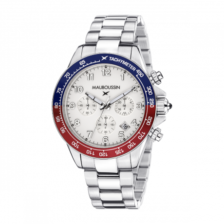 Rage de vivre chronograph, white dial, blue/red tachymeter