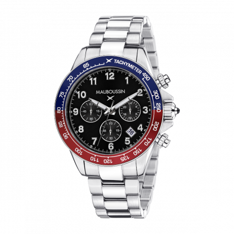 Rage de vivre chronograph, black dial, blue/red tachymeter