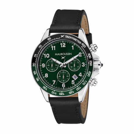 Rage de vivre chronograph, green dial, black leather, black/green tachymeter
