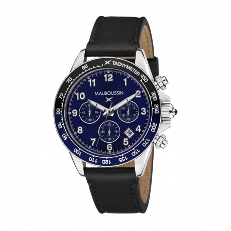 Rage de vivre chronograph, blue dial, black leather, black/blue tachymeter