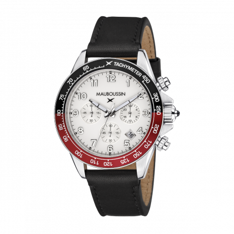 Rage de vivre chronograph, white dial, black leather, black/red tachymeter