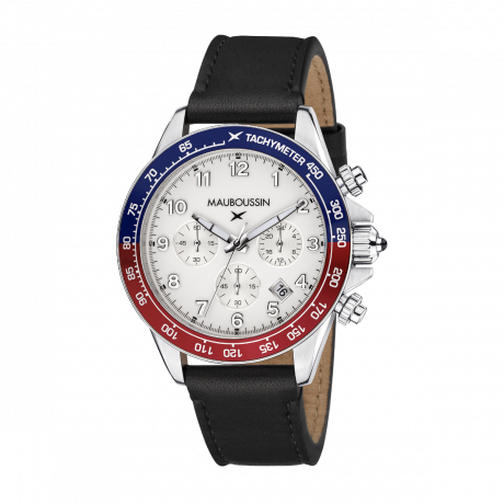 Rage de vivre chronograph, white dial, black leather, blue/red tachymeter