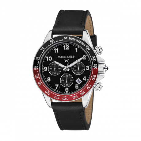 Rage de vivre chronograph, black dial, black leather, black/red tachymeter