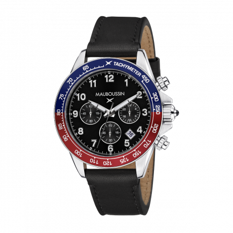 Rage de vivre chronograph, black dial, black leather, blue/red tachymeter