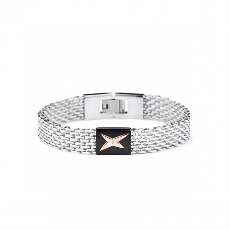 Je suis ce que Je suis bracelet, white steel with black steel plate, pink gold star and diamond