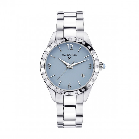 Il est Grand Temps watch, steel, light blue dial, diamonds, steel bracelet