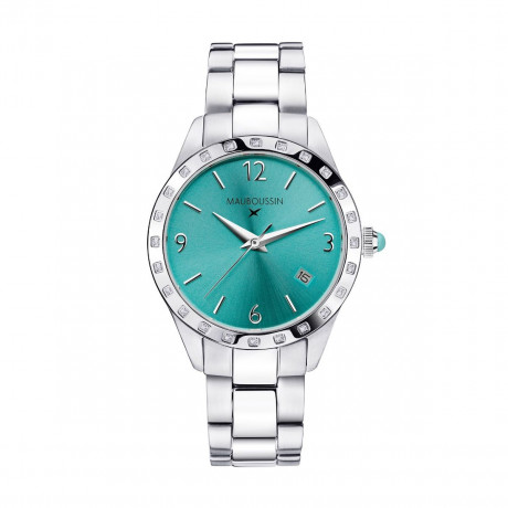 Il est Grand Temps watch, steel, turquoise dial, diamonds, steel bracelet