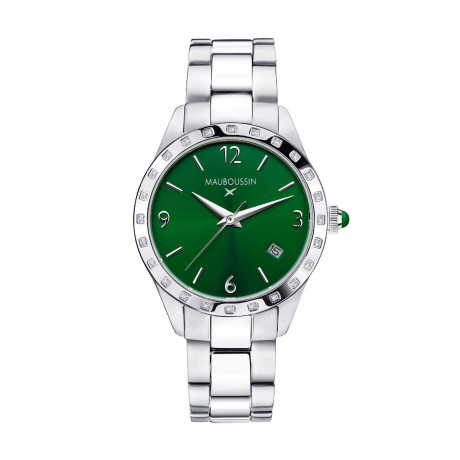 Il est Grand Temps watch, steel, green dial, diamonds, steel bracelet
