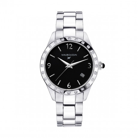 Il est Grand Temps watch, steel, black dial, diamonds, steel bracelet