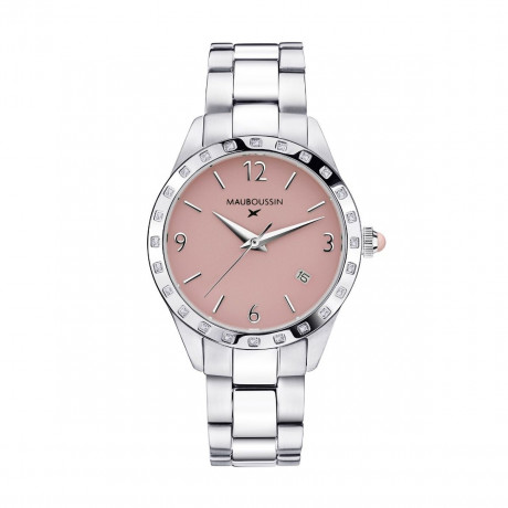Il est Grand Temps watch, steel, pink dial, diamonds, steel bracelet
