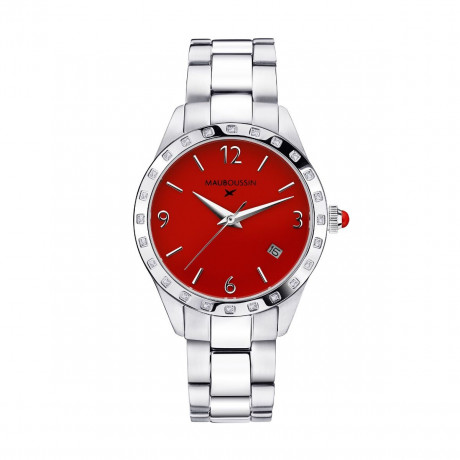 Il est Grand Temps watch, steel, red dial, diamonds, steel bracelet