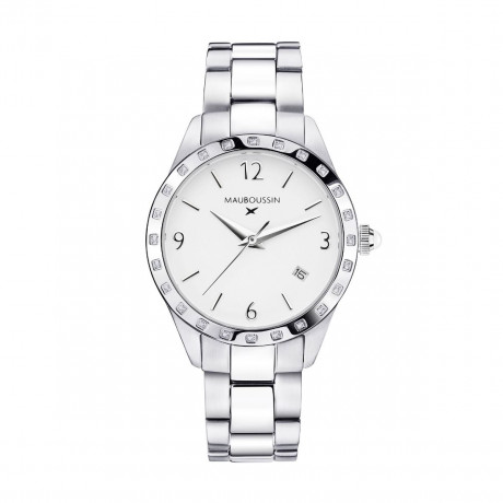 Il est Grand Temps watch, steel, white dial, diamonds, steel bracelet