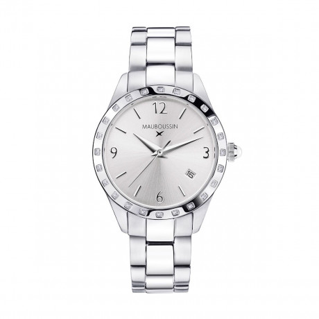 Il est Grand Temps watch, steel, silver sunray dial, diamonds, steel bracelet