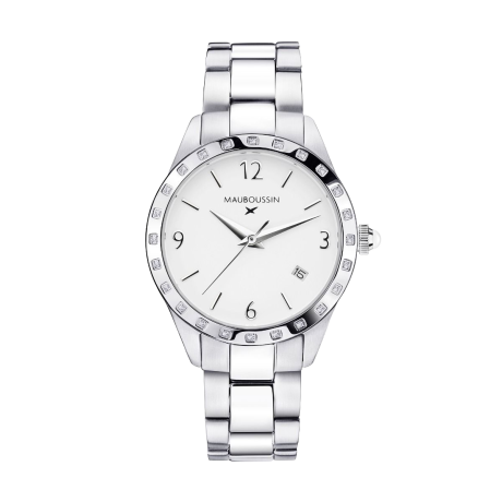 Il est Grand Temps watch, steel, white dial, diamonds, steel bracelet