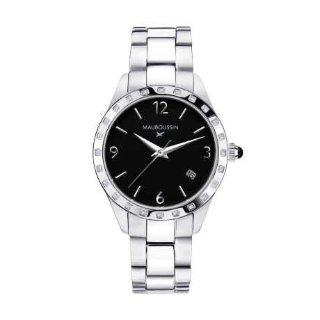 Il est Grand Temps watch, steel, black dial, diamonds, steel bracelet