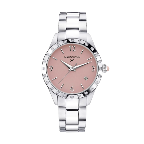 Il est Grand Temps watch, steel, pink dial, diamonds, steel bracelet