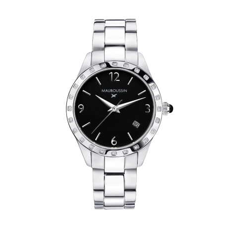 Il est Grand Temps watch, steel, black dial, diamonds, steel bracelet