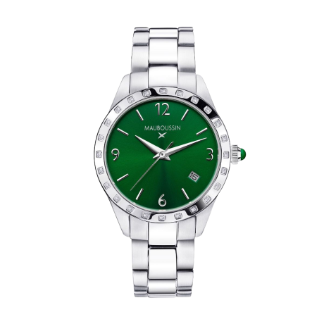 Il est Grand Temps watch, steel, green dial, diamonds, steel bracelet