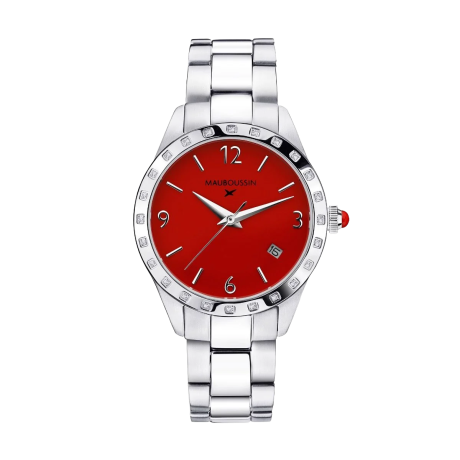 Il est Grand Temps watch, steel, red dial, diamonds, steel bracelet
