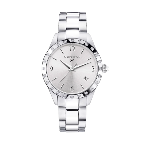 Il est Grand Temps watch, steel, silver sunray dial, diamonds, steel bracelet