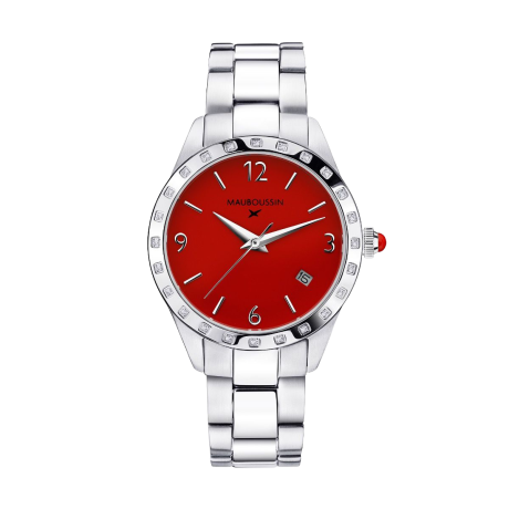 Il est Grand Temps watch, steel, red dial, diamonds, steel bracelet