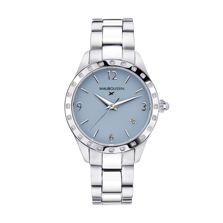 Il est Grand Temps watch, steel, light blue dial, diamonds, steel bracelet