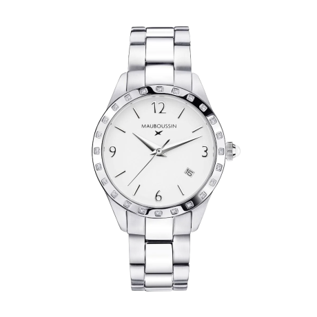 Il est Grand Temps watch, steel, white dial, diamonds, steel bracelet